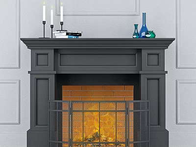 Black Fireplace Mantel with Burning Flames Decorative Candles and Vases on White Wall 3d model