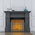 Black Fireplace Mantel with Burning Flames Decorative Candles and Vases on White Wall