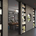 Public Office Space with Gray Walls Black Pendant Lights Wooden Desks Computers and Green Plants