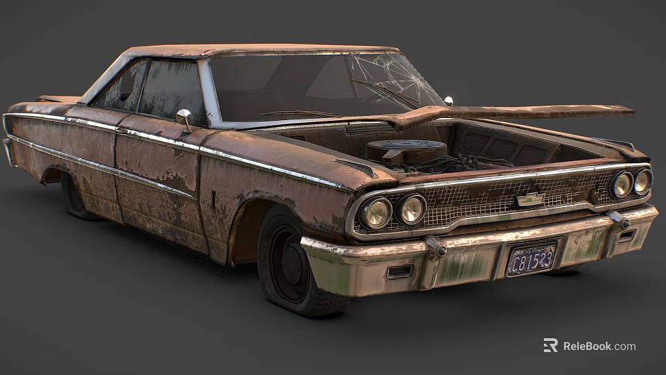 Vintage Rusty Classic Car With Broken Windshield Open Hood And Weathered Body 3d model 