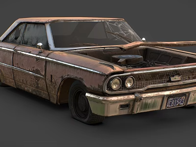 Vintage Rusty Classic Car With Broken Windshield Open Hood And Weathered Body 3d model