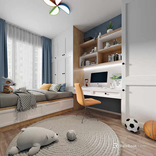 Tatami Bedroom Interior Design With Platform Bed Desk Chair And Bookshelf 3d model 