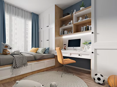 Tatami Bedroom Interior Design With Platform Bed Desk Chair And Bookshelf 3d model