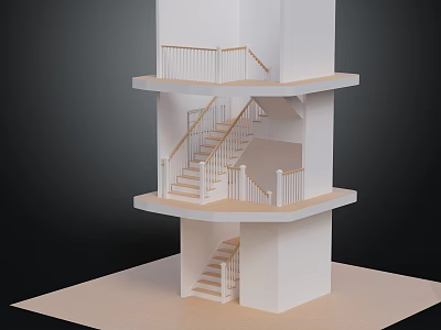 White Multi Level Building Model With Wooden Stairs Platforms And Railings 3d model