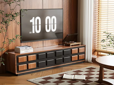 Wooden TV Stand With Drawers And Cabinets Featuring TV Green Plant And Wooden Floor 3d model