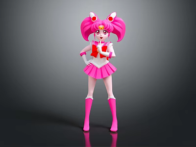 Magical Pink Haired Character With Cat Ear Decoration And Red Bow Outfit 3d model