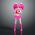 Magical Pink Haired Character With Cat Ear Decoration And Red Bow Outfit