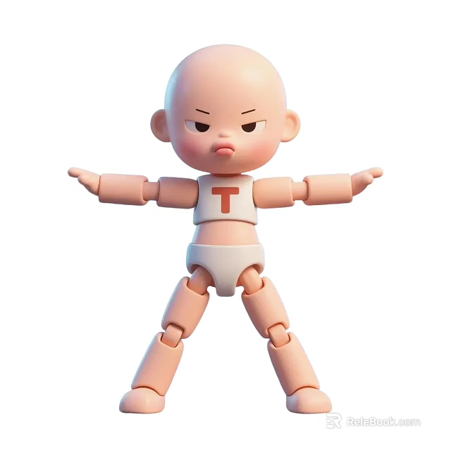 Cute Cartoon Baby Doll With Movable Joints White Diaper And Red T On Chest 3d model 