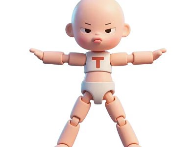 Cute Cartoon Baby Doll With Movable Joints White Diaper And Red T On Chest 3d model