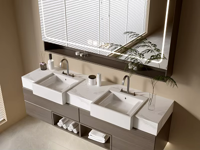 Modern Bathroom Vanity Cabinet With Double White Sinks Large Mirror Gray Storage And Green Plant 3d model