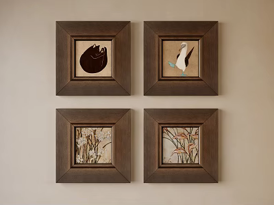 Four Framed Artworks On Wall With Abstract And Nature Inspired Designs 3d model