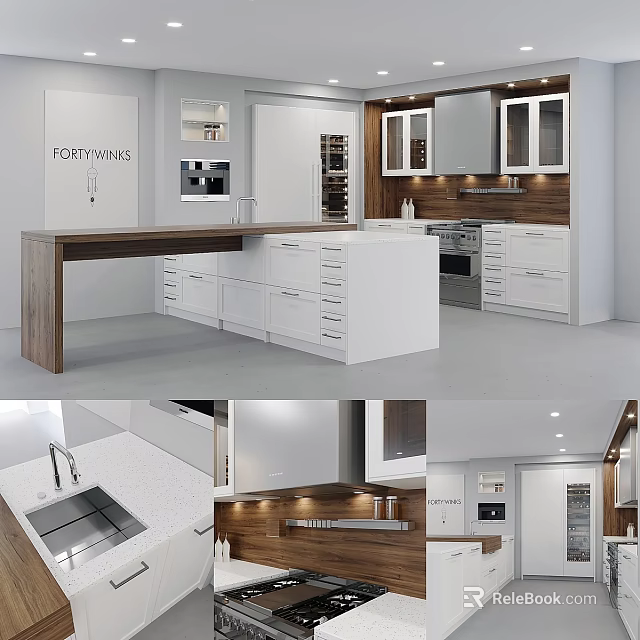 Modern Kitchen Interior With White Cabinets Wooden Island And Drawers 3d model 