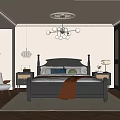 Elegant Bedroom Interior With Dark Wooden Bed Frame Chandelier Textured Rug And Accent Chair