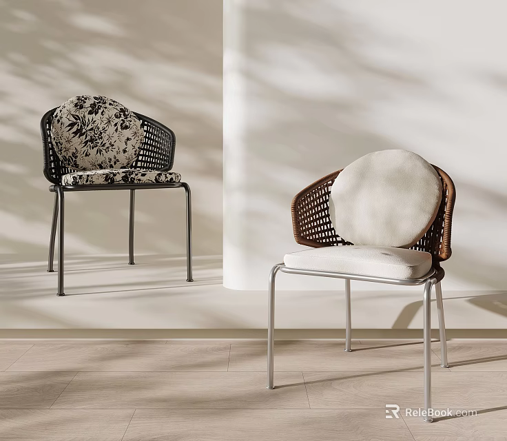 Modern Wicker Dining Chairs With Patterned And White Cushions And Metal Frames 3d model