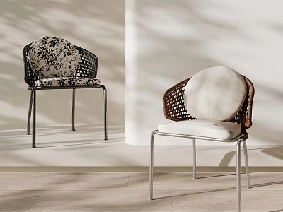 Modern Wicker Dining Chairs With Patterned And White Cushions And Metal Frames 3d model