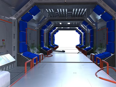 Futuristic Sci Fi Corridor Interior With Blue Panels Metallic Frames And Orange Handrails 3d model