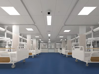 Modern Hospital Ward with White Ceilings Blue Floors Medical Beds and Monitoring Cameras 3d model
