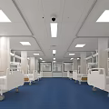 Modern Hospital Ward with White Ceilings Blue Floors Medical Beds and Monitoring Cameras