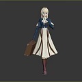 3D Model Blonde Haired Character In Blue White Outfit With Brown Suitcase And Red Boots