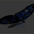 Blue Glowing Butterfly With Shiny Transparent Wings And Reflection On Dark Background