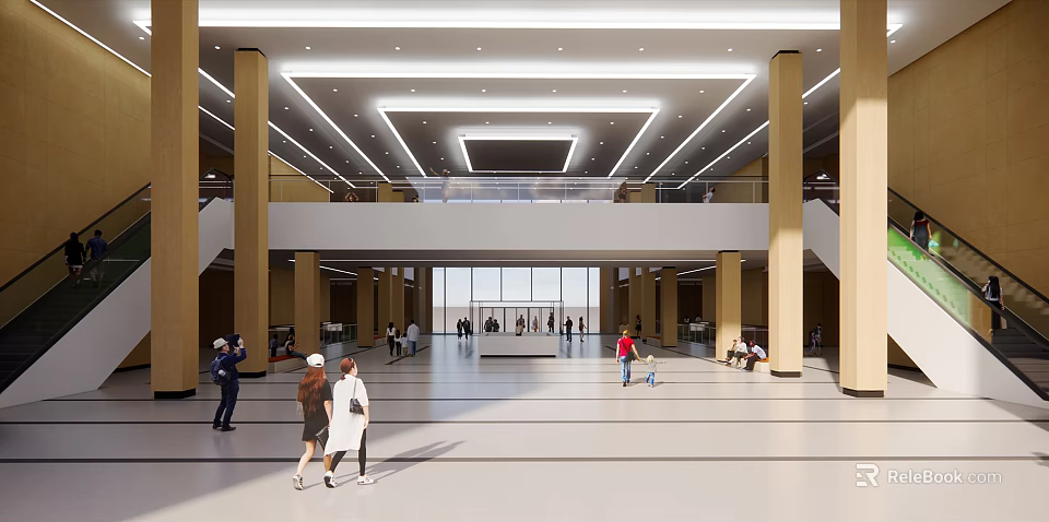 Spacious Modern Hall Interior With High Ceiling Large Glass Windows And People Activities 3d model 