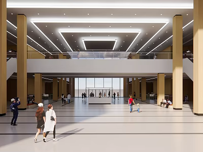 Spacious Modern Hall Interior With High Ceiling Large Glass Windows And People Activities 3d model