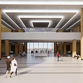 Spacious Modern Hall Interior With High Ceiling Large Glass Windows And People Activities