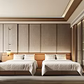 Modern Hotel Guest Room With Twin Double Beds Wooden Panel Walls And Bedside Lamps