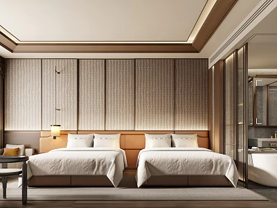 Modern Hotel Guest Room With Twin Double Beds Wooden Panel Walls And Bedside Lamps 3d model