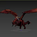 Mythical Red Dragon Flying with Large Membranous Wings Scales and Horned Head Against Dark Background