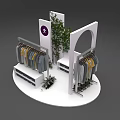Stylish Window Display with White Racks Hanging Clothes Green Plants and Brand Logo