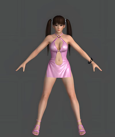 Woman In Pink Leather Halter Dress With Pigtails And Black Wristband On Gray Background 3d model