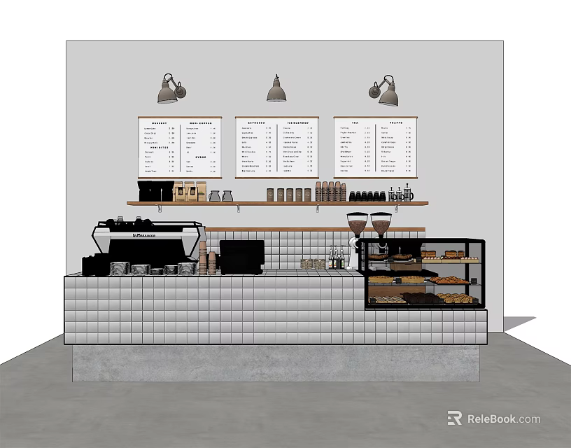 Modern Coffee Shop Reception Counter With Menu Boards Pendant Lights And Shelves 3d model 