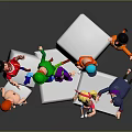 Multiple Cartoon Characters Interacting On White Geometric Blocks With Various Poses