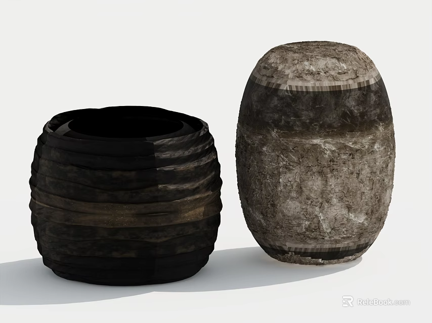 Two Dark Striped And Light Rough Textured Cylindrical Ceramic Vessels On White Background 3d model