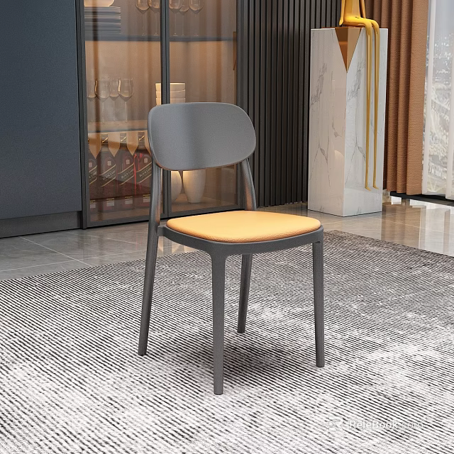 Modern Gray Frame Dining Chair With Yellow Soft Seat And Marble Accents In Interior 3d model 