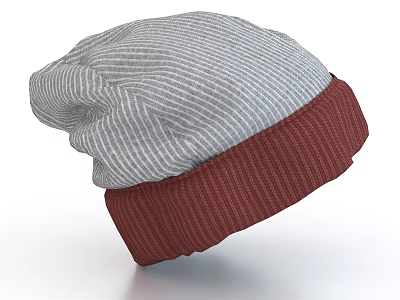 Gray Stripe and Burgundy Ribbed Edge Knit Beanie for Casual Fashion Look 3d model