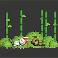 Cartoon Scene With Green Bamboo Stalks Leafy Bushes White Rabbit And Brown Raccoon On Grass