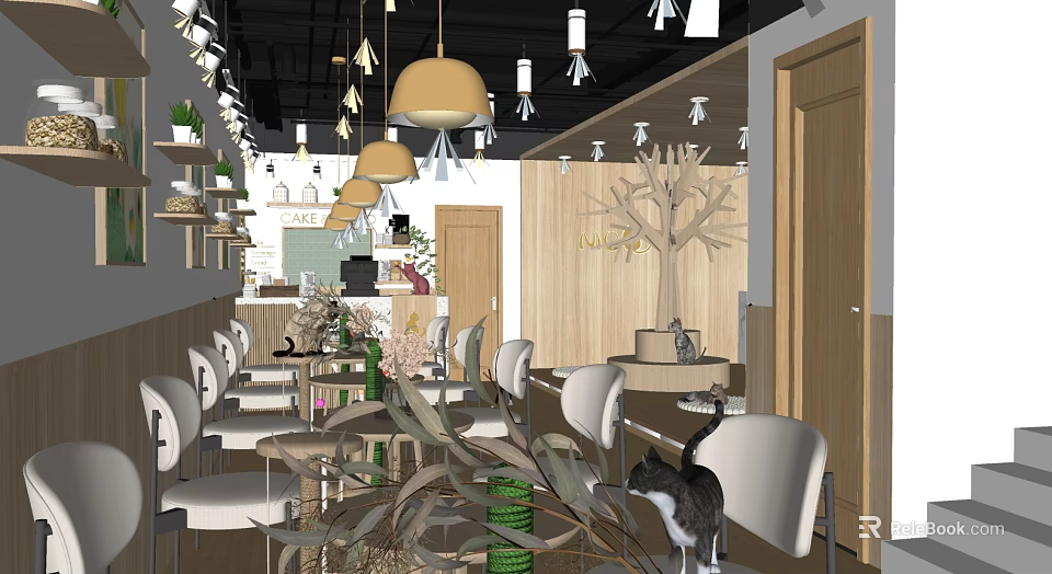 Cozy Cafe Interior With Hanging Pendant Lights Green Plants And Wooden Tree Decor 3d model 