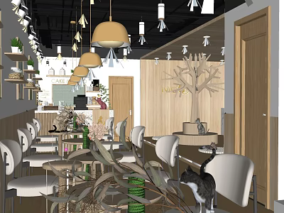 Cozy Cafe Interior With Hanging Pendant Lights Green Plants And Wooden Tree Decor 3d model