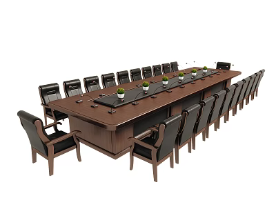 Spacious Conference Room Setup With Long Wooden Table Black Leather Chairs And Green Plants 3d model