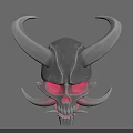 Three Dimensional Demon Skull Sculpture with Large Horns Red Eyes Tusks Gray Tone Carved Artwork