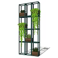 Hanging Basket Plants On Multi Tiered Metal Frame With Trailing Green Vines And Wooden Planters