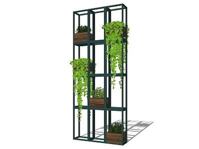 Hanging Basket Plants On Multi Tiered Metal Frame With Trailing Green Vines And Wooden Planters 3d model