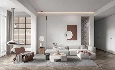 Modern Living Room Minimalist Living Room Sofa Coffee Table Combination Wall Decorations Hanging Painting Chandelier Fireplace Glass Tiles 3d model