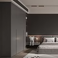 Modern Bedroom Interior With Gray Wardrobes Dark Headboard Wall Bed Geometric Rug And Green Plant