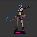 Anime Female Character Statue With Blue Twin Tails Purple Outfit And Weapon