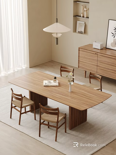 Wooden Dining Table Set With Four Chairs Vase Flowers Book Bottle Wooden Cabinet White Curtains 3d model 