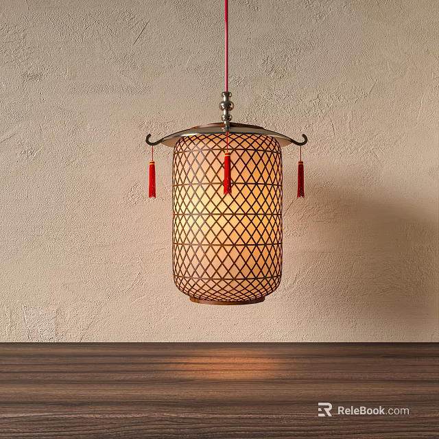 Traditional Lantern With Lattice Design Red Tassels Hanging Warm Light On Textured Wall 3d model 