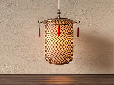 Traditional Lantern With Lattice Design Red Tassels Hanging Warm Light On Textured Wall 3d model